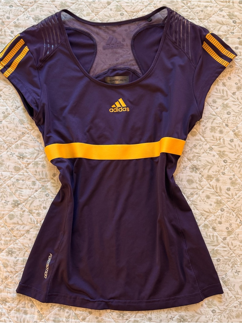 Y2k Adidas purple and yellow striped sport t shirt